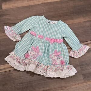 Girls Rabbit Bunny Spring Easter LS Dress Blue White Pink Checkered Floral 4T‎